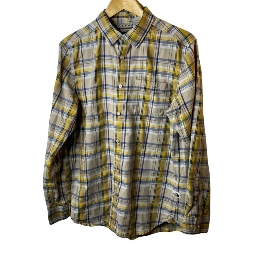 The North Face Yellow/Blue Plaid Long Sleeve Button Down Shirt Sz L
